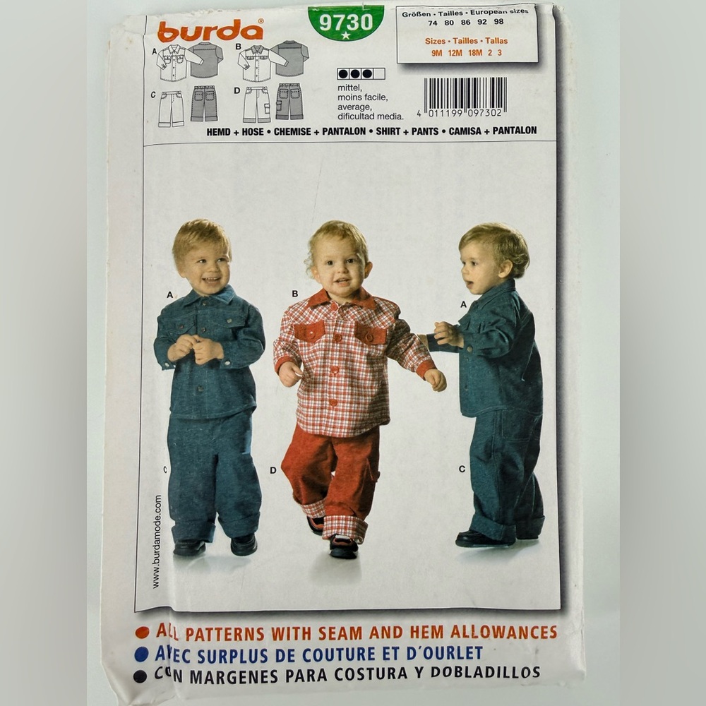 Burda Kids Boys Sewing Pattern #9730 Uncut Children Shirt + Pants